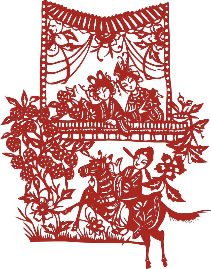 中国风中式传统喜庆民俗人物动物窗花剪纸插画边框AI矢量PNG素材【2609】